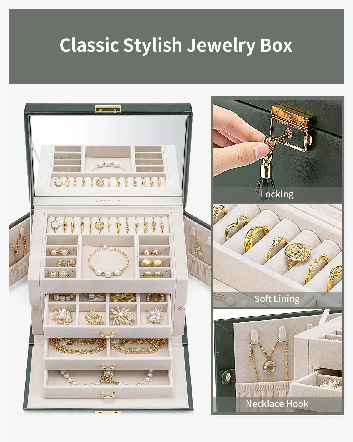 Vlando Jewelry Box for Girls, 4-Tier Jewelry Organizer with Lock, Mirror Jewelry Box for Earring, Ring, Necklace and Bracelets - Green