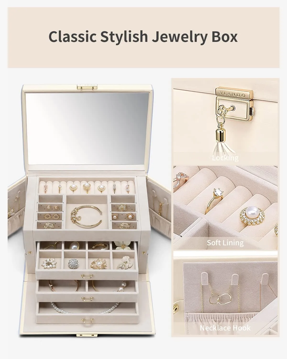 Vlando Jewelry Box for Mothers Day Teacher Appreciation Gifts, 4-Tier Jewelry Organizer with Lock, Mirror Jewelry Box for Earring, Ring, Necklace and Bracelets, Jewelry Storage for Women Girls - Beige