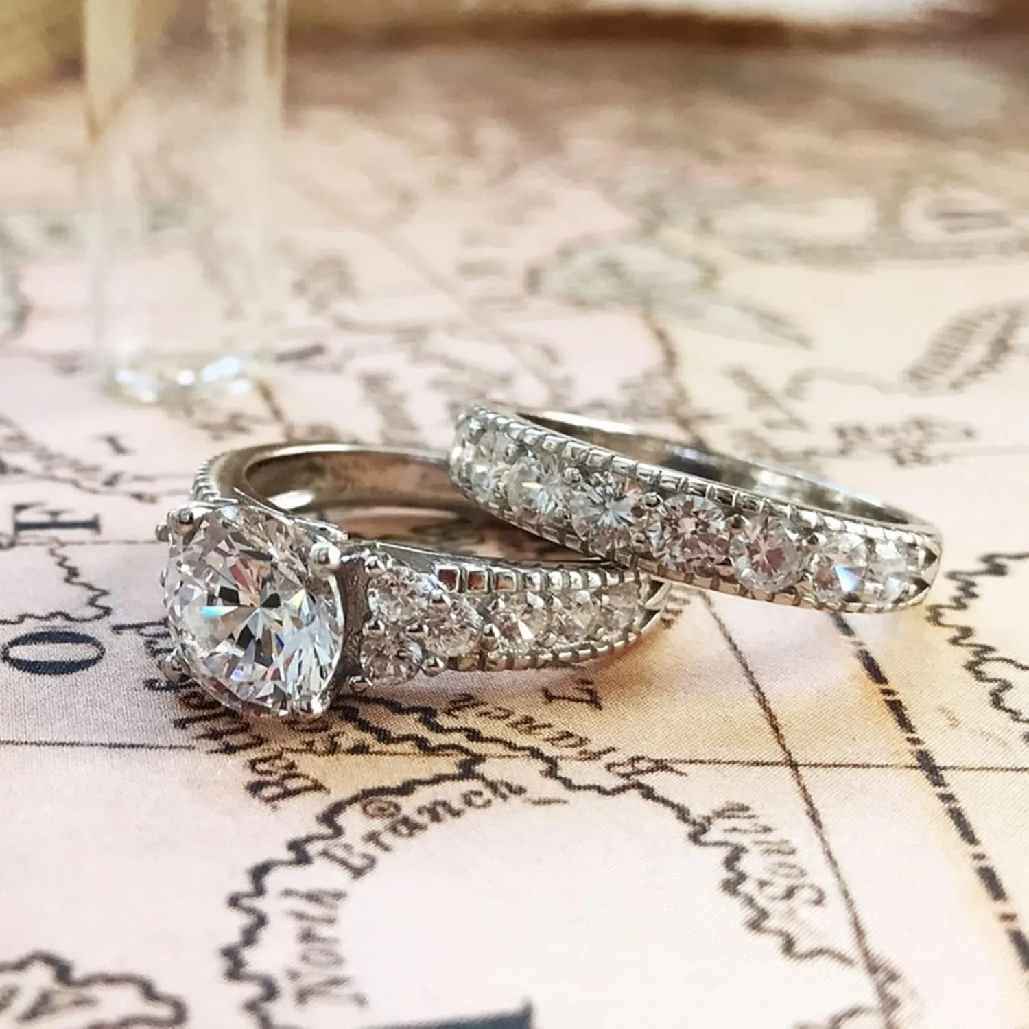 Vsoruln Engagement Rings for Couples Set,2pcs His and Her Wedding Imitation Diamond Ring Set, Hypoallergenic Without Fading Round Zircon Ring Set, Cubic Zirconia Bride Promise CZ Rings Set (6)