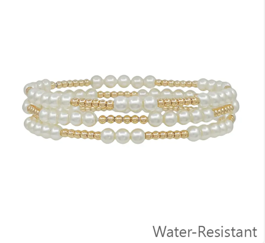 Water Resistant Gold & Pearl Stretch Bracelet Set