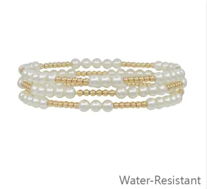 Water Resistant Gold & Pearl Stretch Bracelet Set