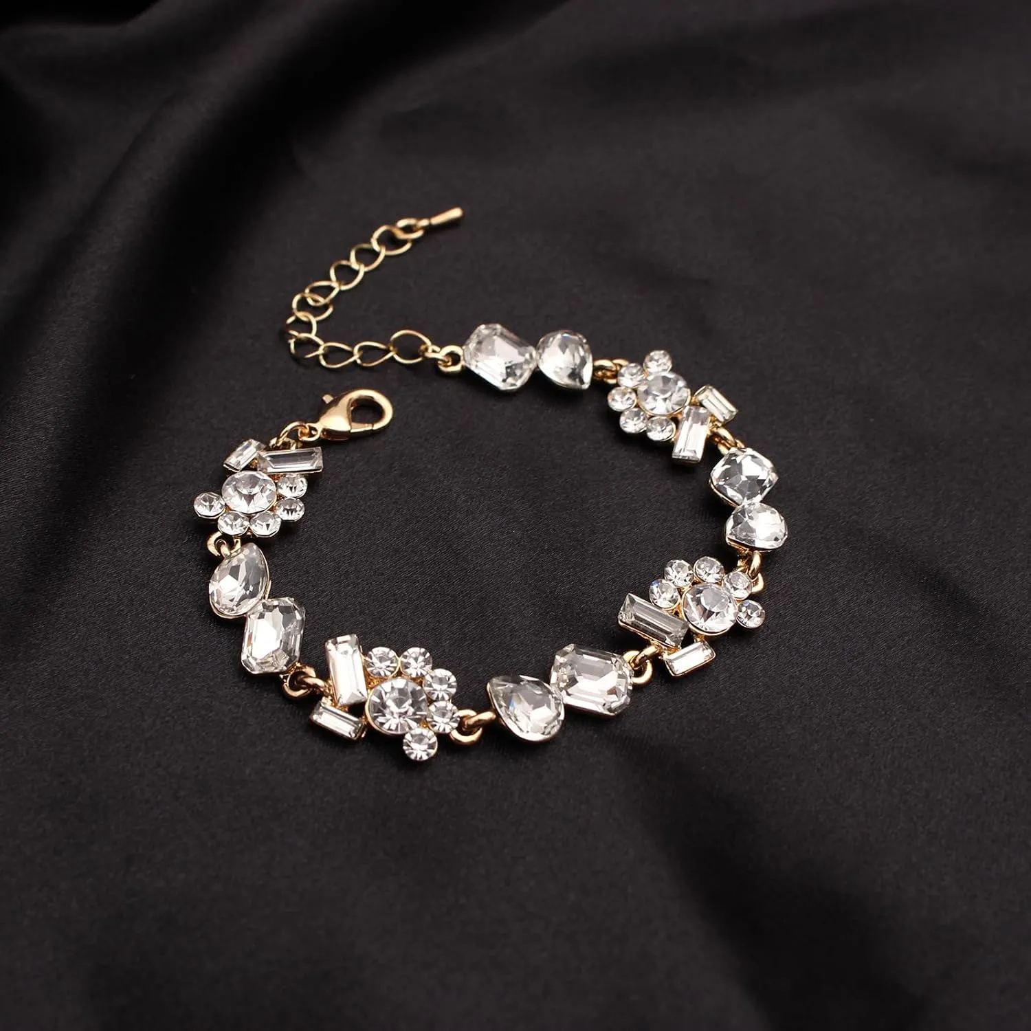 Wedding Stunning Crystal Leaf Flower Cluster Choker Necklace Bracelet Dangle Earrings Bridal Bridesmaid Prom Costume Accessories Jewelry Sets for Women