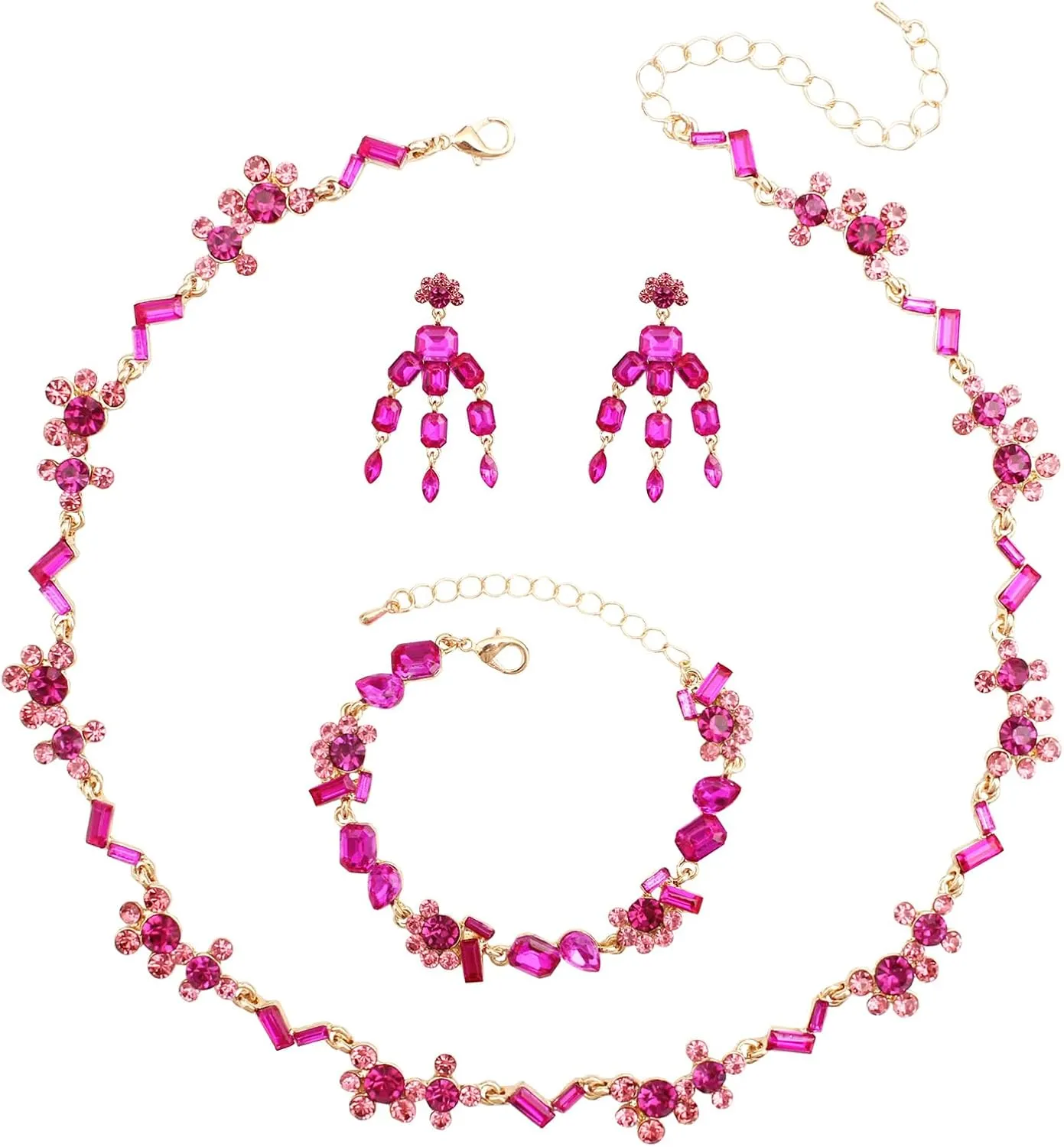 Wedding Stunning Crystal Leaf Flower Cluster Choker Necklace Bracelet Dangle Earrings Bridal Bridesmaid Prom Costume Accessories Jewelry Sets for Women