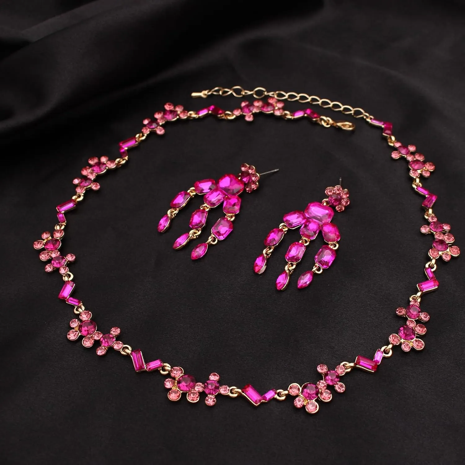 Wedding Stunning Crystal Leaf Flower Cluster Choker Necklace Bracelet Dangle Earrings Bridal Bridesmaid Prom Costume Accessories Jewelry Sets for Women