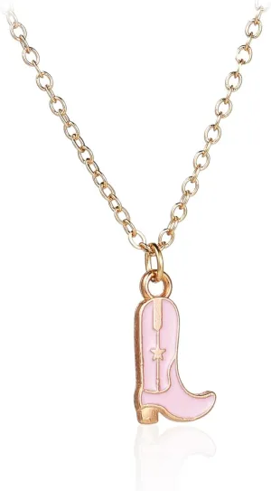 Western Gold Plated Pink Pendant Necklace Cowboy Boot Hats 14k Gold Necklaces Disco Cow Charms Cowgirl Aesthetic Jewelry Accessories Gifts for Women Boys Girls