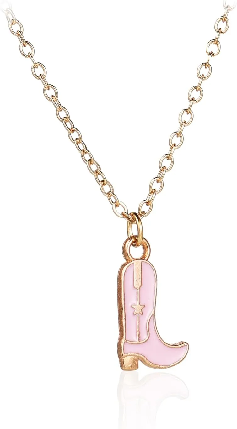 Western Gold Plated Pink Pendant Necklace Cowboy Boot Hats 14k Gold Necklaces Disco Cow Charms Cowgirl Aesthetic Jewelry Accessories Gifts for Women Boys Girls