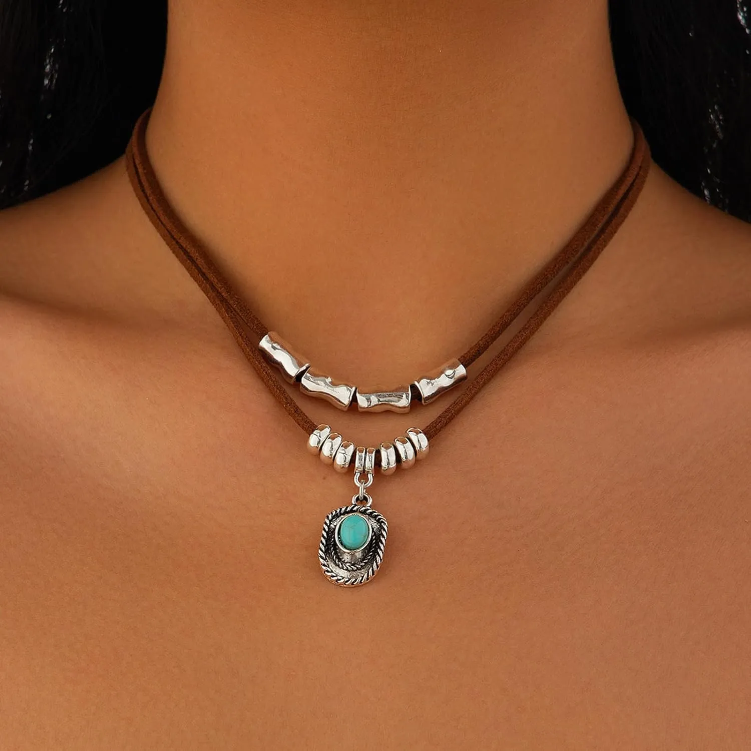 Western Necklaces for Women Layered Western Choker Vintage Turquoise Beaded Jewelry Stackable Star Cactus Cowboy Hat Charms Country Concert Outfits