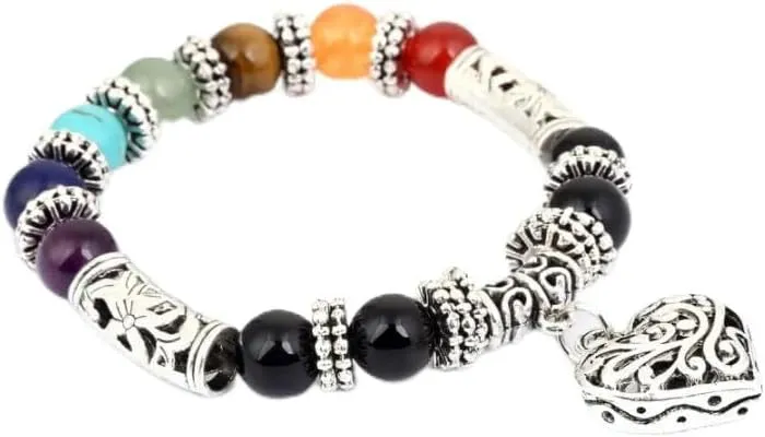 Women 8mm Bracelets Bangles 7 Chakra Beads Heart Charm Bracelet For Female Prayer Stones