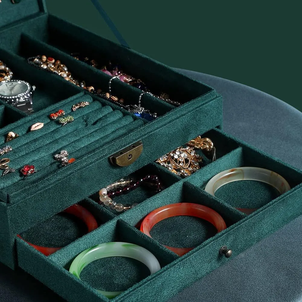 Women Jewelry Box Lockable 3 Layers Large Jewelry Organizer Storage Case for Earrings Necklaces Rings Bracelets,Green Display Jewel Holder (Green)