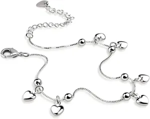 Women's 925 Sterling Silver Italian Box Chain Bead Heart Pendant Adjustable Anklet with Lobster Clasp, Up to 10.5 inches