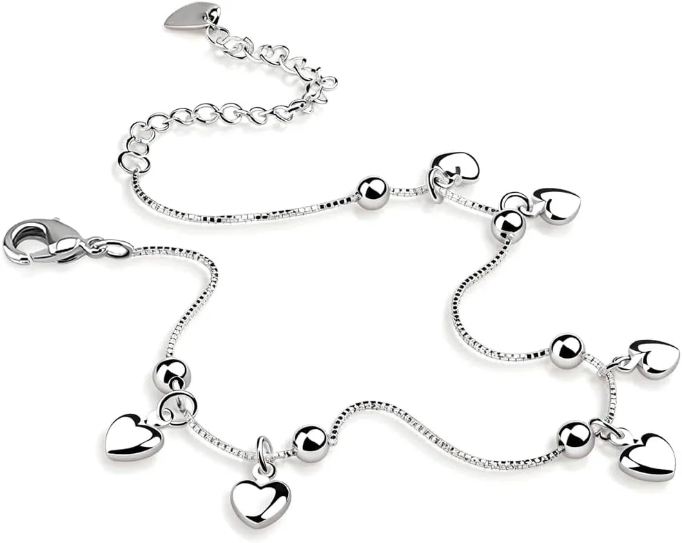Women's 925 Sterling Silver Italian Box Chain Bead Heart Pendant Adjustable Anklet with Lobster Clasp, Up to 10.5 inches
