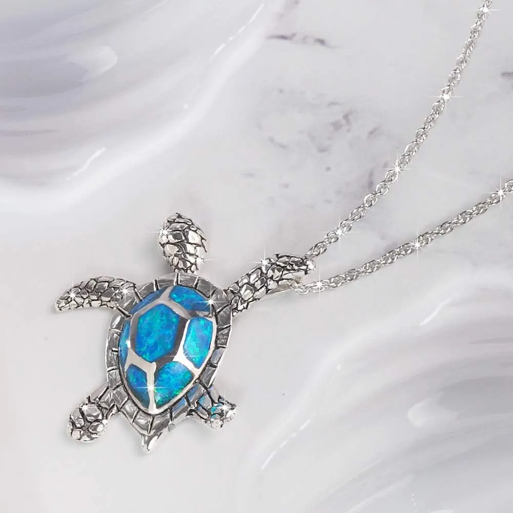 Womens 925 Sterling Silver Turtle Shape Sealife Beach Charm Vintage Fine Fashion Jewelry Rope Chain Pendant Necklace Accessory, Opal Blue