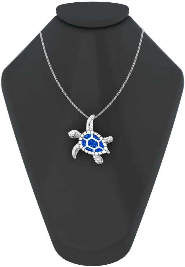 Womens 925 Sterling Silver Turtle Shape Sealife Beach Charm Vintage Fine Fashion Jewelry Rope Chain Pendant Necklace Accessory, Opal Blue