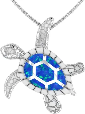 Womens 925 Sterling Silver Turtle Shape Sealife Beach Charm Vintage Fine Fashion Jewelry Rope Chain Pendant Necklace Accessory, Opal Blue
