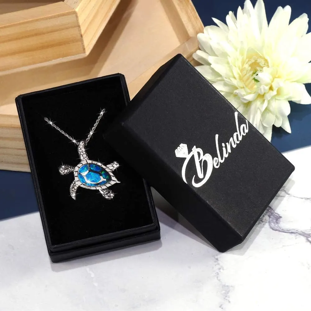 Womens 925 Sterling Silver Turtle Shape Sealife Beach Charm Vintage Fine Fashion Jewelry Rope Chain Pendant Necklace Accessory, Opal Blue