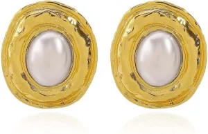 Women's Geometric Texture Oval-shaped Stud Earrings Metallic Punk Faux Pearl Large Tribal Statement Earrings Fashion Costume Jewelry