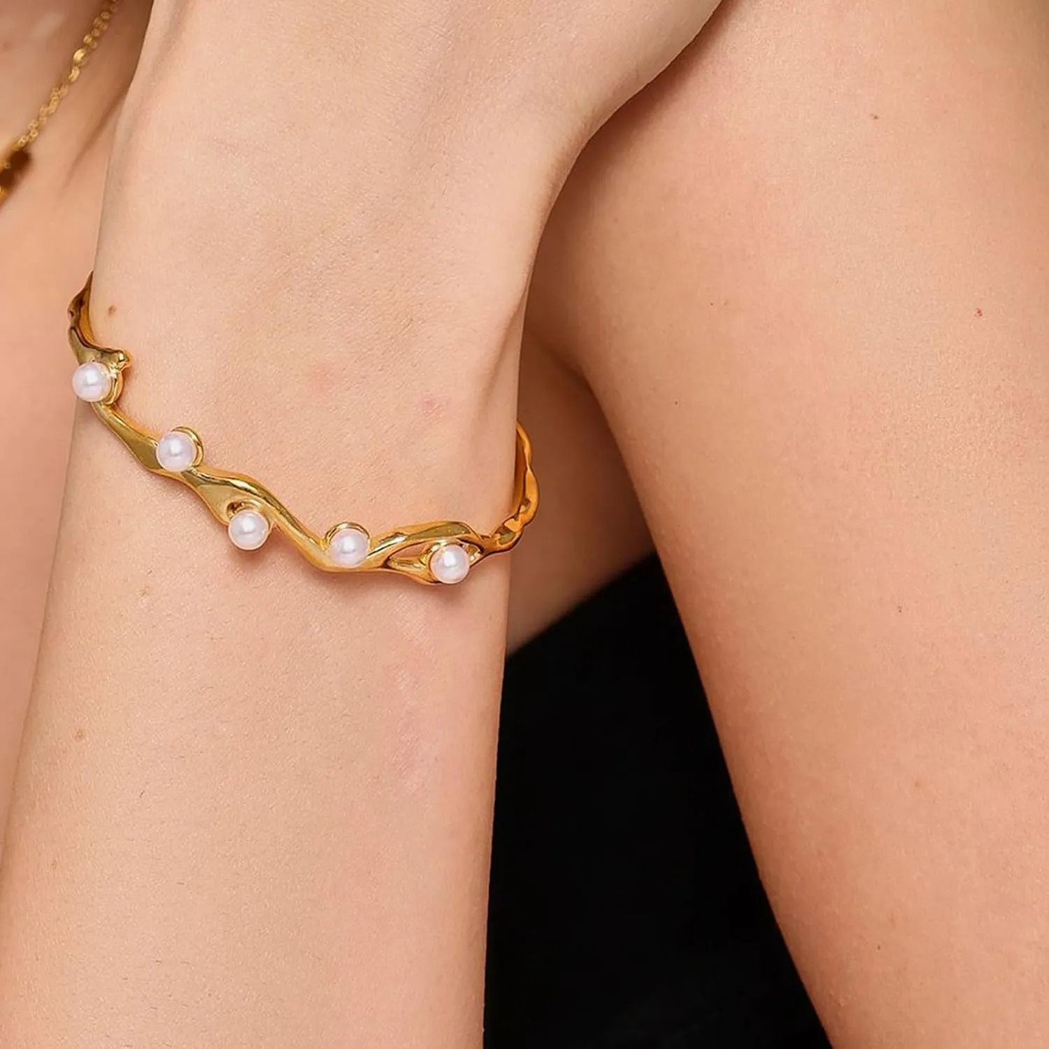 Women's Open Cuff Bracelet - Imitation Pearl Accent French Style Jewelry for Day to Night Wear