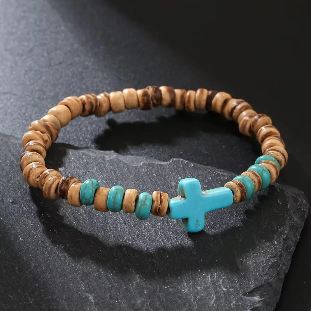 Wood Beaded Cross Bracelet for Men Women Handmade Bohemian Turquoise Beads Bracelets Prayer Religious Jewelry Birthday Mothers Day Gift