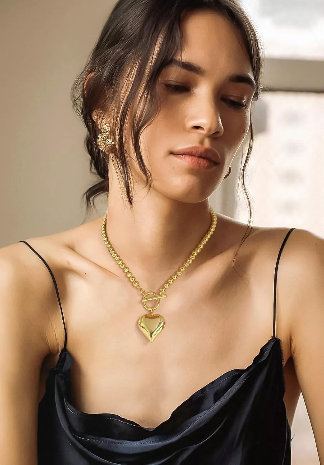WOWORAMA Gold Chunky Chain Necklace for Women Puffy Heart Pendant Necklace White Gold Thick Chunky Chain Link Necklaces Heart Coin Choker Necklace
