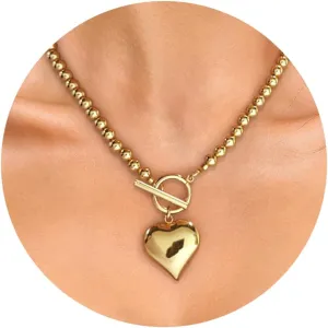 WOWORAMA Gold Chunky Chain Necklace for Women Puffy Heart Pendant Necklace White Gold Thick Chunky Chain Link Necklaces Heart Coin Choker Necklace