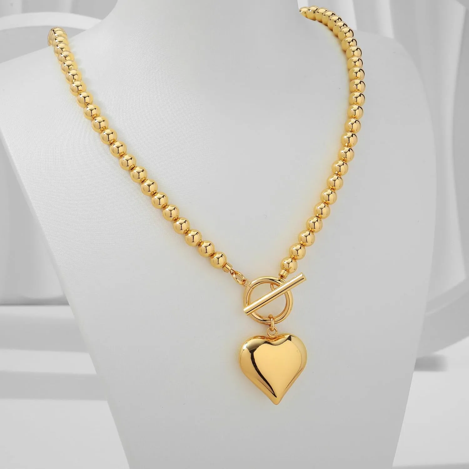 WOWORAMA Gold Chunky Chain Necklace for Women Puffy Heart Pendant Necklace White Gold Thick Chunky Chain Link Necklaces Heart Coin Choker Necklace