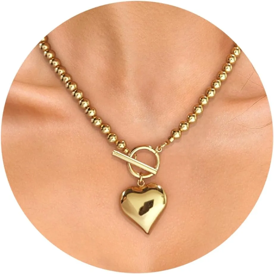 WOWORAMA Gold Chunky Chain Necklace for Women Puffy Heart Pendant Necklace White Gold Thick Chunky Chain Link Necklaces Heart Coin Choker Necklace