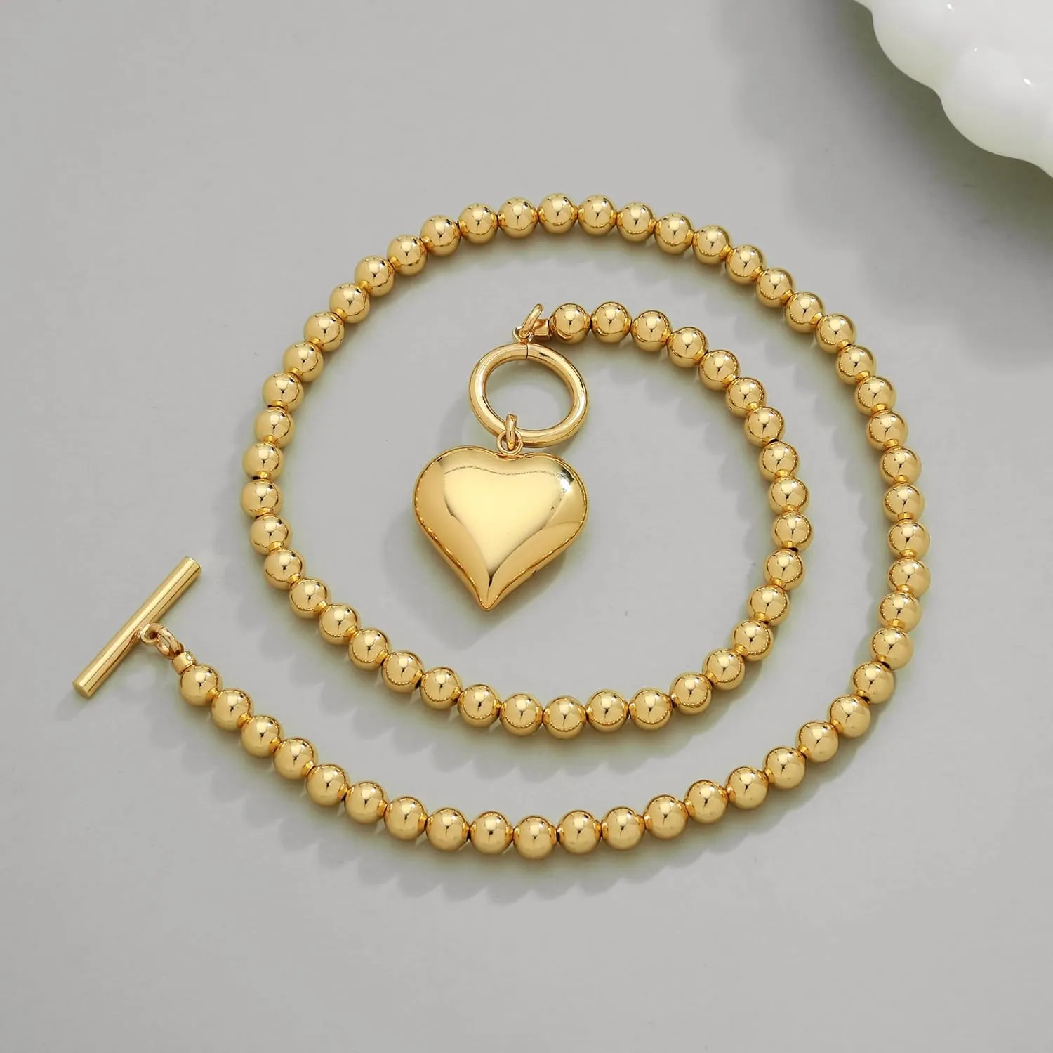 WOWORAMA Gold Chunky Chain Necklace for Women Puffy Heart Pendant Necklace White Gold Thick Chunky Chain Link Necklaces Heart Coin Choker Necklace