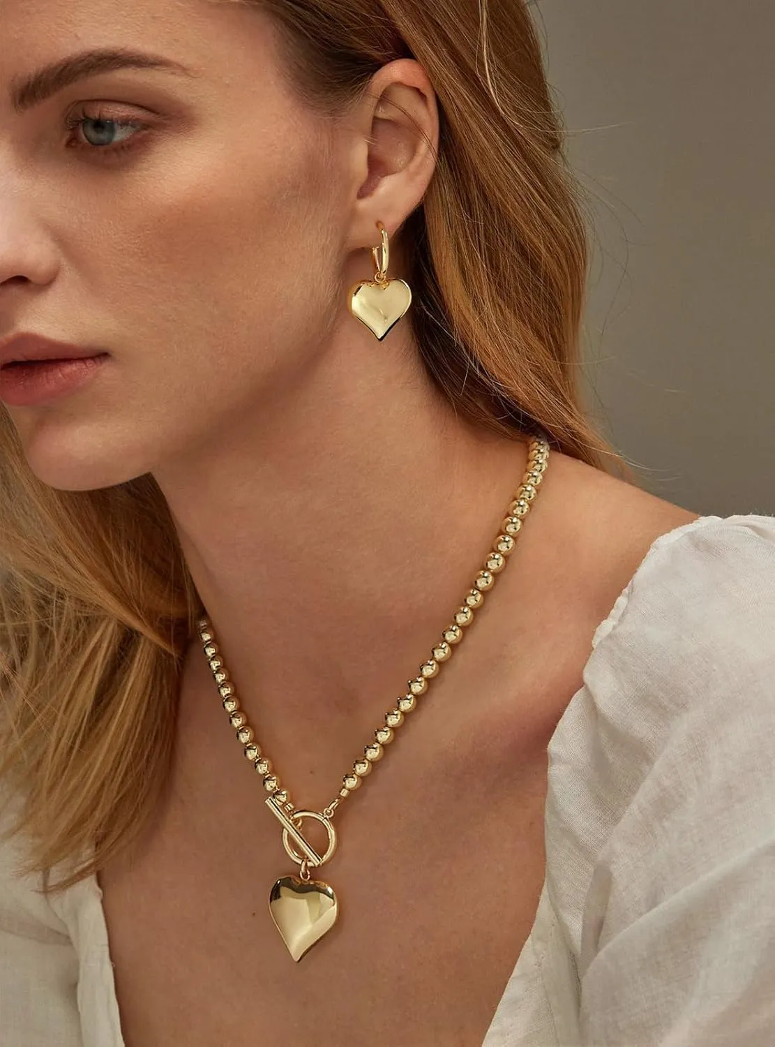 WOWORAMA Gold Chunky Chain Necklace for Women Puffy Heart Pendant Necklace White Gold Thick Chunky Chain Link Necklaces Heart Coin Choker Necklace