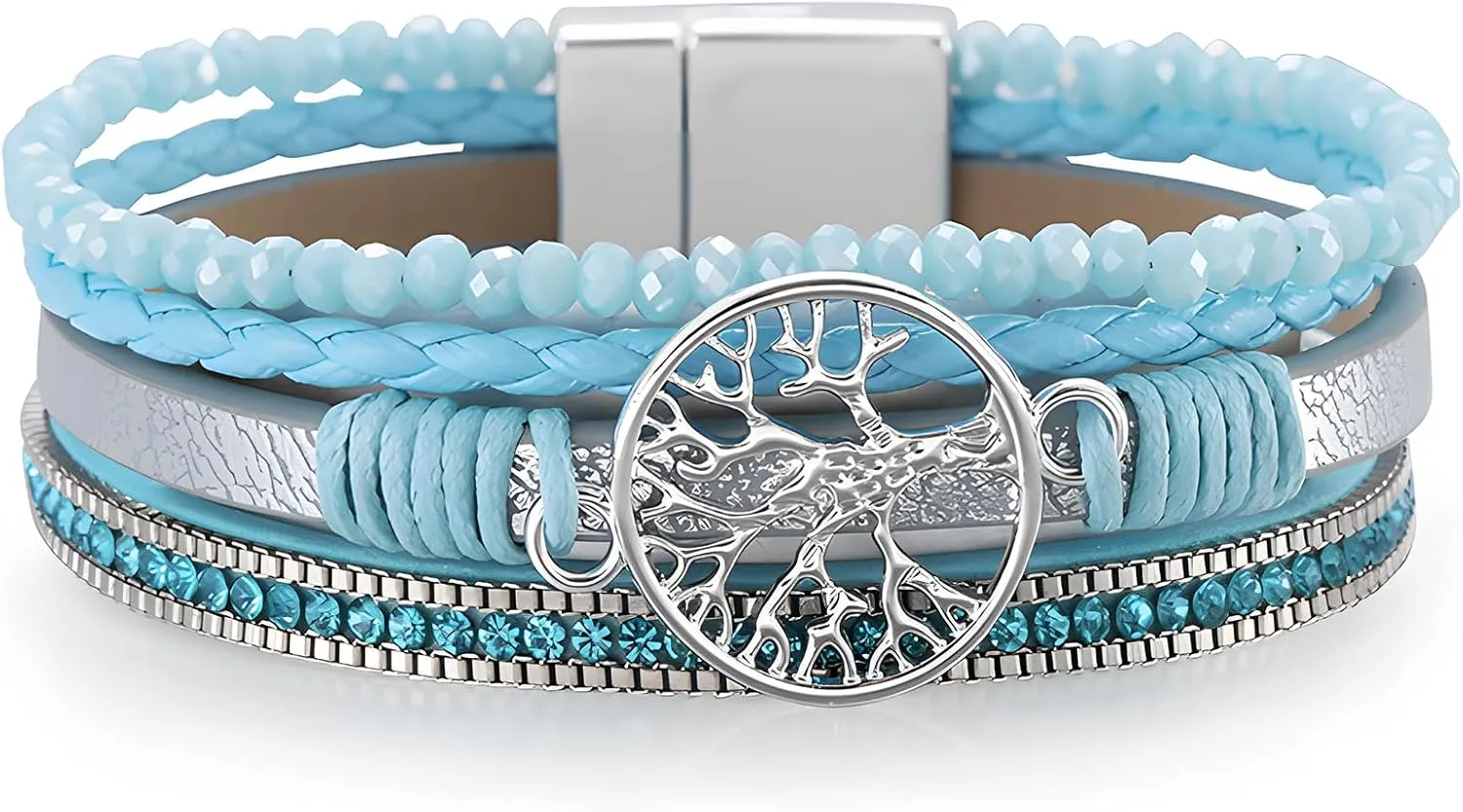 Wrap Leather Bracelets for Women, Multi-Layer Tree of Life Cuff Bangle with Pearl Crystal Beads Chain Boho Stackable Bohemian Anniversary Mother's Day Birthday Christmas Jewelry Gifts for Her