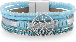 Wrap Leather Bracelets for Women, Multi-Layer Tree of Life Cuff Bangle with Pearl Crystal Beads Chain Boho Stackable Bohemian Anniversary Mother's Day Birthday Christmas Jewelry Gifts for Her