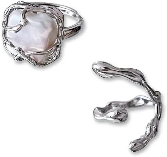 XACH1995 Fashion 925 Sterling Silver Plated Cute Matching Rings Set Adjustable Irregular Geometric Simulated Pearls 2 pcs Per Set