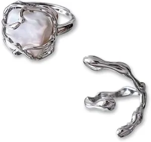 XACH1995 Fashion 925 Sterling Silver Plated Cute Matching Rings Set Adjustable Irregular Geometric Simulated Pearls 2 pcs Per Set