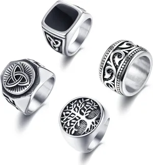 YADOCA 4Pcs Stainless Steel Signet Biker Rings Set Retro Vintage Wide Celtic Knot Band Rings for Men Size 7-13