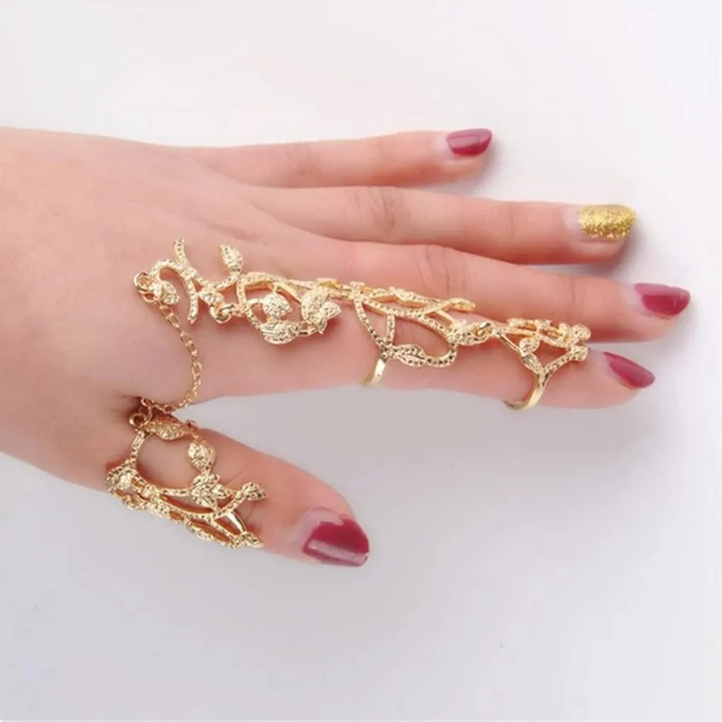 Yalice Charm Leaf Full Finger Ring Bracelets Dainty Knuckle Open Ring Harness Hand Chains Adjustable Statement Rings Jewelry for Women Gift