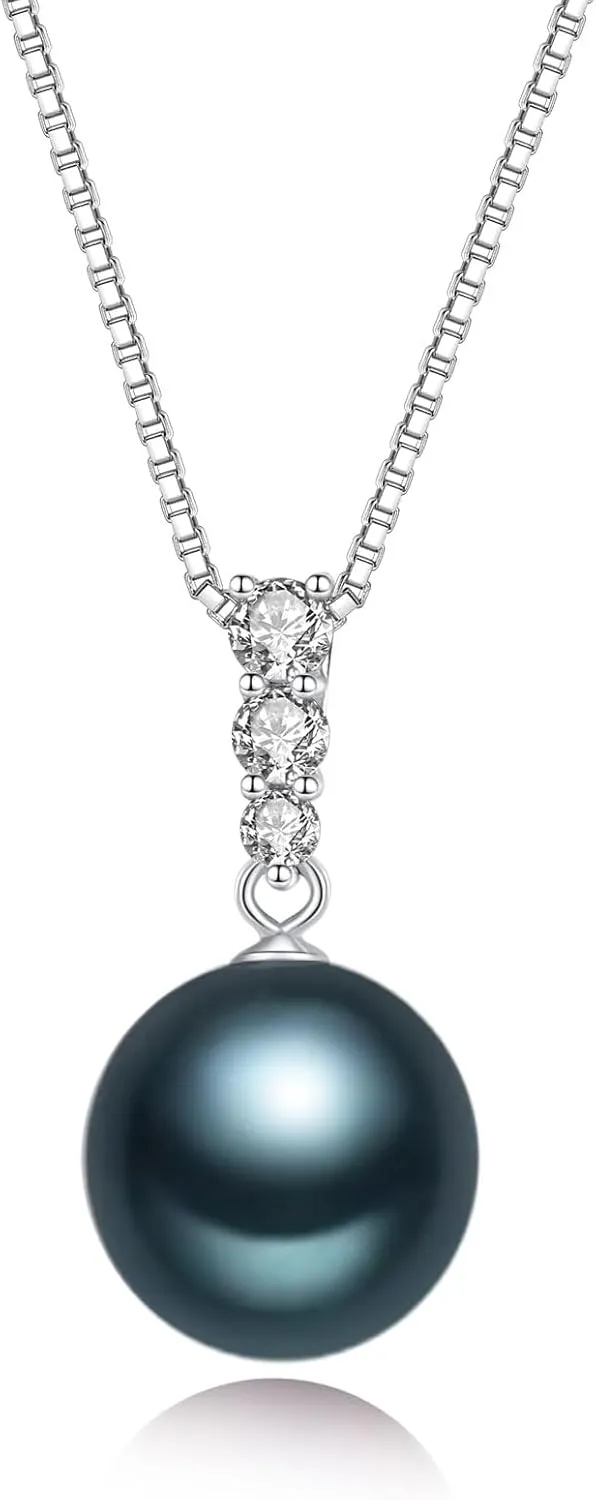 YAMI Black Tahitian Pearl Pendant Necklace, 11-13mm Saltwater Cultured Round Pearls, 925 Sterling Silver with 18 2IN Adjustable Chain  Elegant Luxury Jewelry Gift for Women
