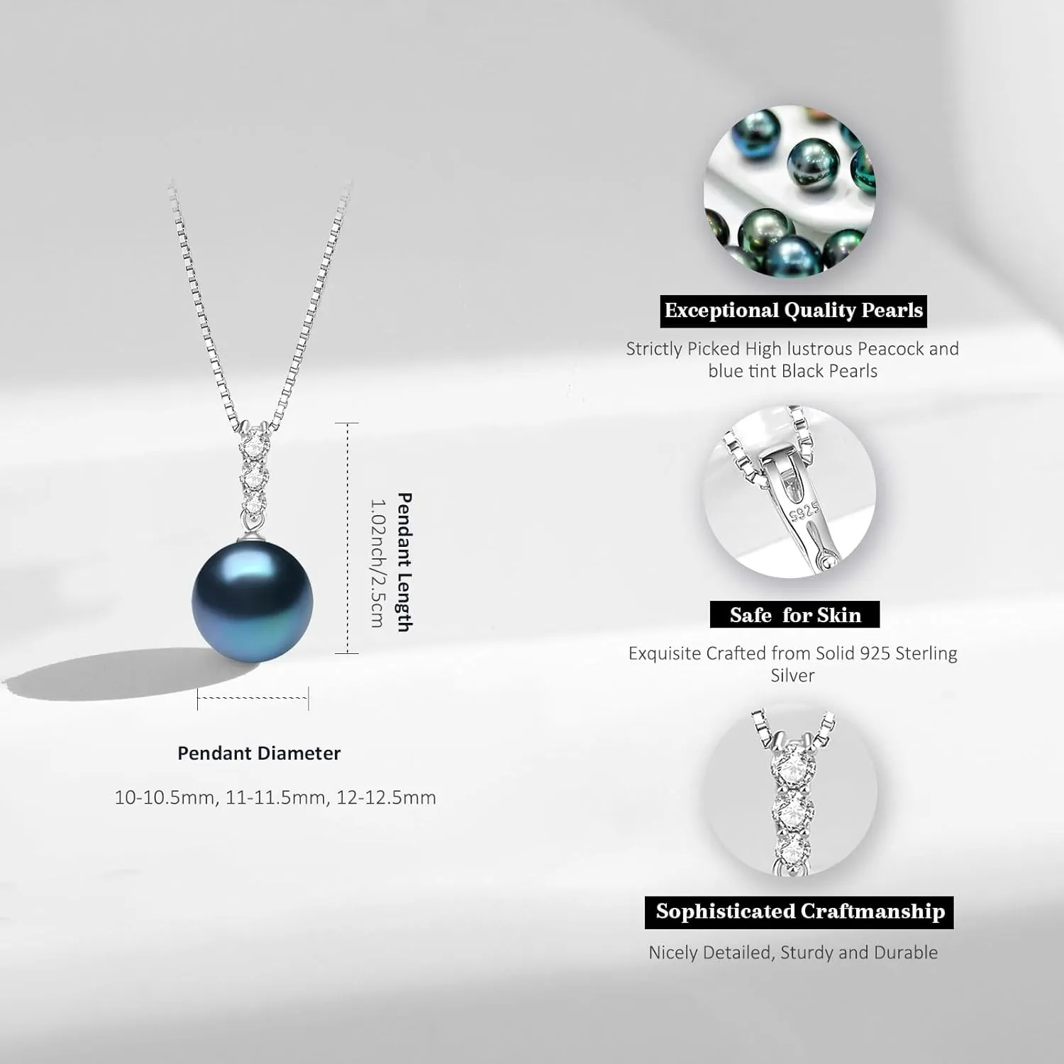YAMI Black Tahitian Pearl Pendant Necklace, 11-13mm Saltwater Cultured Round Pearls, 925 Sterling Silver with 18 2IN Adjustable Chain  Elegant Luxury Jewelry Gift for Women