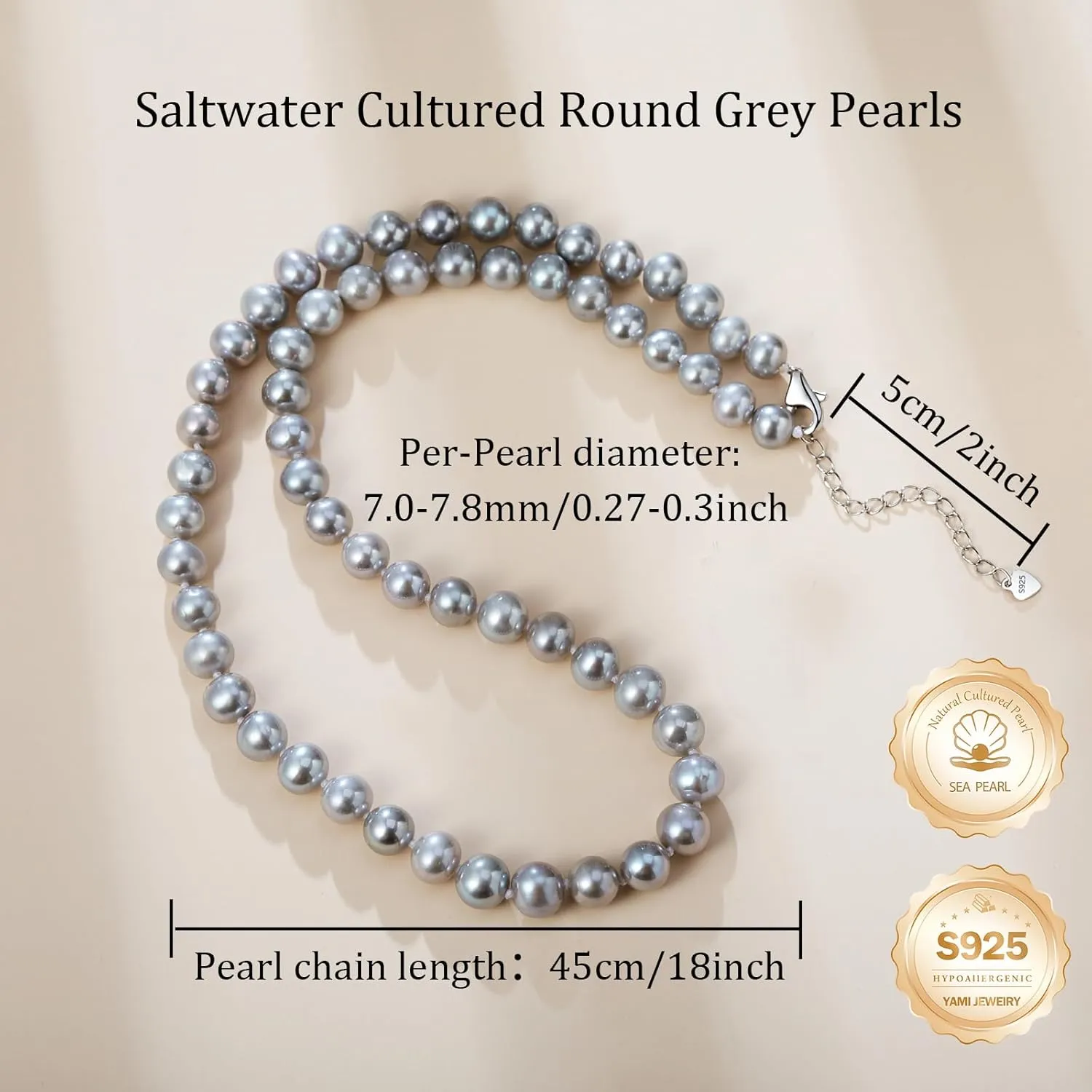 YAMI Saltwater Cultured Grey Pearl Necklace Set, Includes Stunning Bracelet and Stud Earrings, S925 Sterling Silver Adjustable Clasp, Anniversary Mother's Day Jewelry Gifts for Women