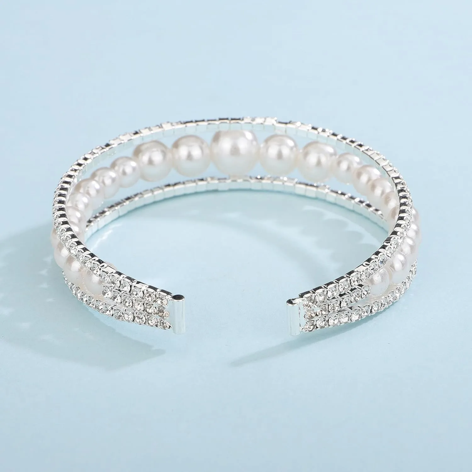 YERTTER Elegant Multi Row Crystal Pearl Cuff Rhinestone Bridals Crystal Stunning Bangle Bracelet Layered Cuff Bracelet Gift for Women Brides