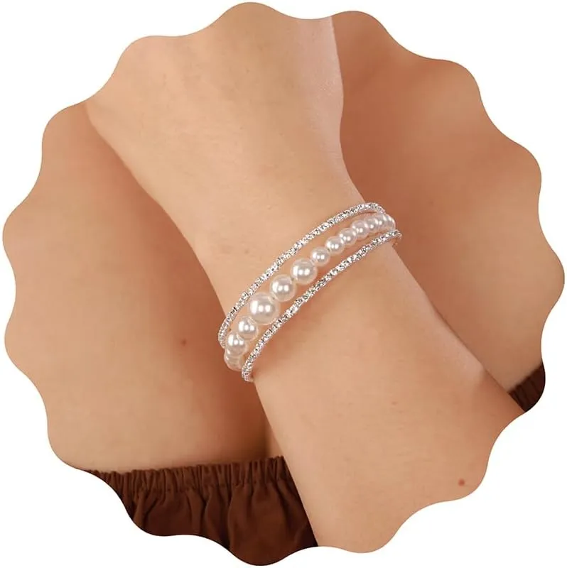 YERTTER Elegant Multi Row Crystal Pearl Cuff Rhinestone Bridals Crystal Stunning Bangle Bracelet Layered Cuff Bracelet Gift for Women Brides