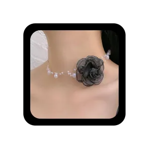 YienDoo Gothic Flower Choker Black Camellia Pearl Necklace Vintage Multi-layer Pearl Lace Floral Neckband Choker Sexy Lace Flower Bow Wedding Bride Pearl Collar Necklace Jewelry for Women