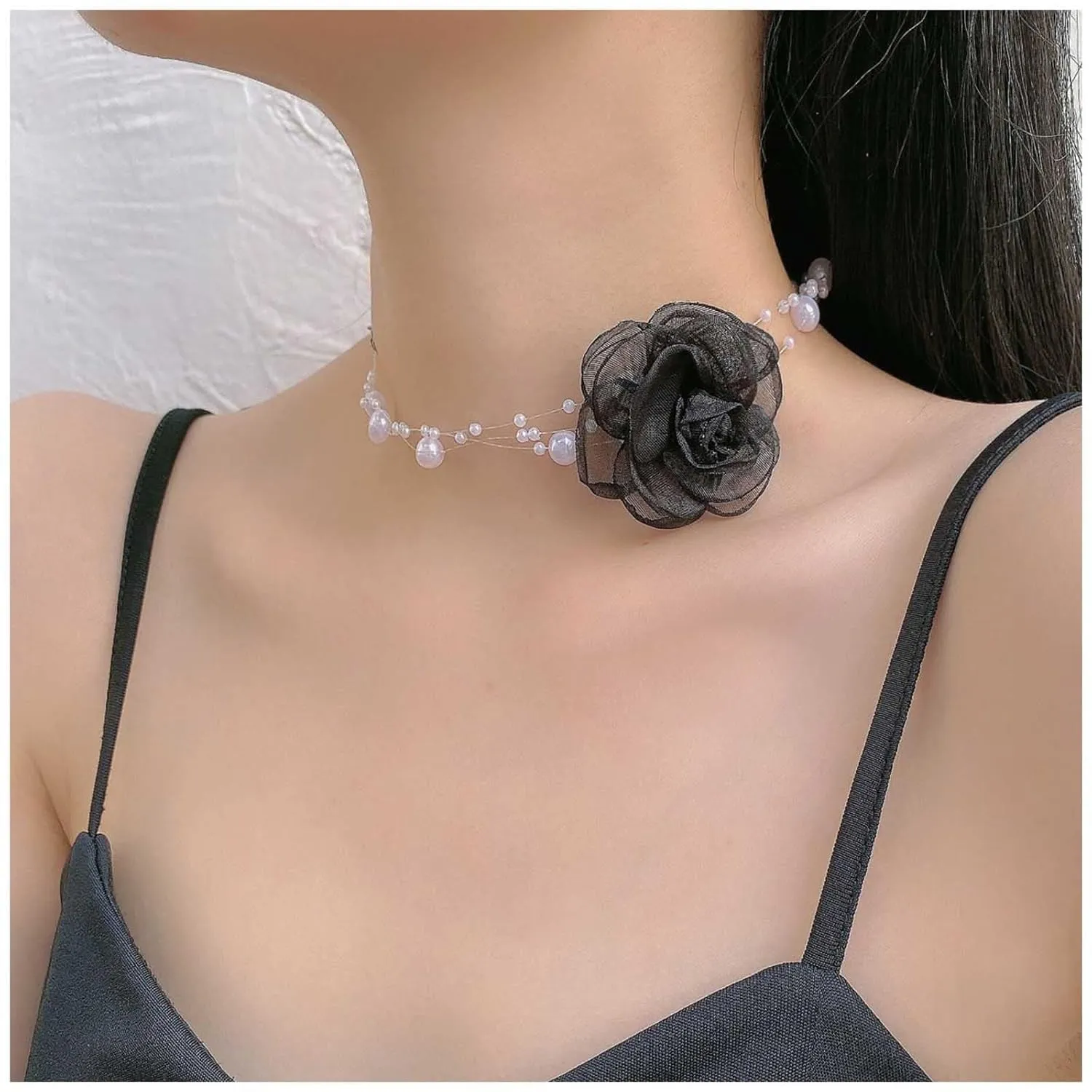 YienDoo Gothic Flower Choker Black Camellia Pearl Necklace Vintage Multi-layer Pearl Lace Floral Neckband Choker Sexy Lace Flower Bow Wedding Bride Pearl Collar Necklace Jewelry for Women