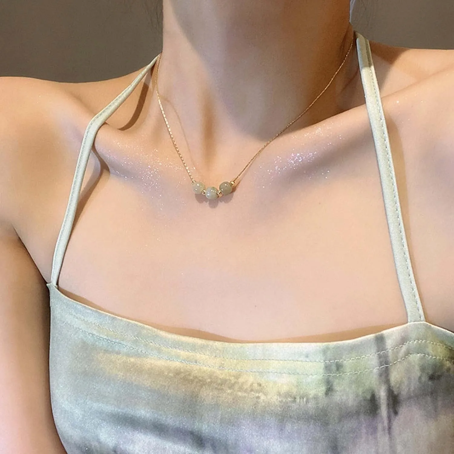YienDoo Green Gemstone Bead Necklace Choker, Gold, 16 Inch, 3 Green Quartz Stones, Boho Style, Girls and Women