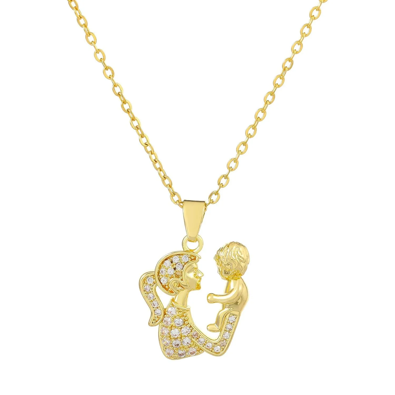 YienDoo Mom Holding Son Daughter Crystal Necklace Gold Pave Rhinestone Parent and Child Family Necklace Mother and Child Family Love Pendant Necklace Charm Jewellery for Women and Girls