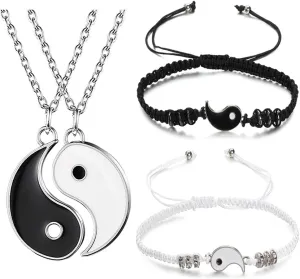 Yin Yang Necklace Bracelet for Couples Taichi Bagua Feng Shui Bracelets Necklace for Women Men BFF Friendship 4Pcs Set Yinyang Jewelry Gift (Silver)
