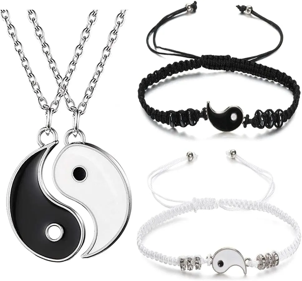 Yin Yang Necklace Bracelet for Couples Taichi Bagua Feng Shui Bracelets Necklace for Women Men BFF Friendship 4Pcs Set Yinyang Jewelry Gift (Silver)