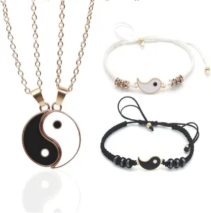 Yin Yang Necklace Bracelet Taichi Bagua Feng Shui Bracelets Necklace for Women Men Couple BFF Friendship 4Pcs Set Yinyang Jewelry Gift (Gold)