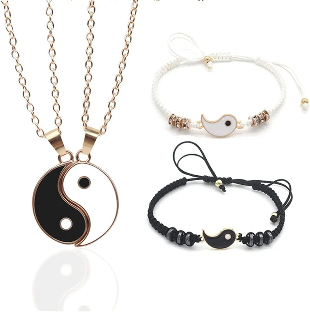 Yin Yang Necklace Bracelet Taichi Bagua Feng Shui Bracelets Necklace for Women Men Couple BFF Friendship 4Pcs Set Yinyang Jewelry Gift (Gold)