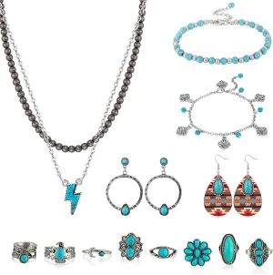 Yowivon Western Jewelry for Women Bohemian Turquoise Jewelry Set Vintage Leather Navajo Pearl Necklace Layer Necklaces Earrings Bracelets Boho Knuckle Rings
