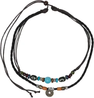 yueton 1PCS Bohemian Leather Necklace Multi Layered Turquoise Beaded Woven Necklace Copper Coin Pendant Adjustable Hemp Rope Necklace