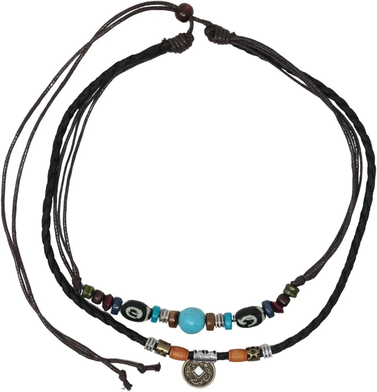 yueton 1PCS Bohemian Leather Necklace Multi Layered Turquoise Beaded Woven Necklace Copper Coin Pendant Adjustable Hemp Rope Necklace